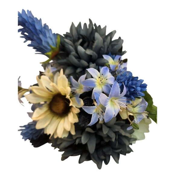 Artificial Blue Mums & White Sunflowers 16 Stem Faux Floral Bundle Arrangement B - Picture 1 of 16